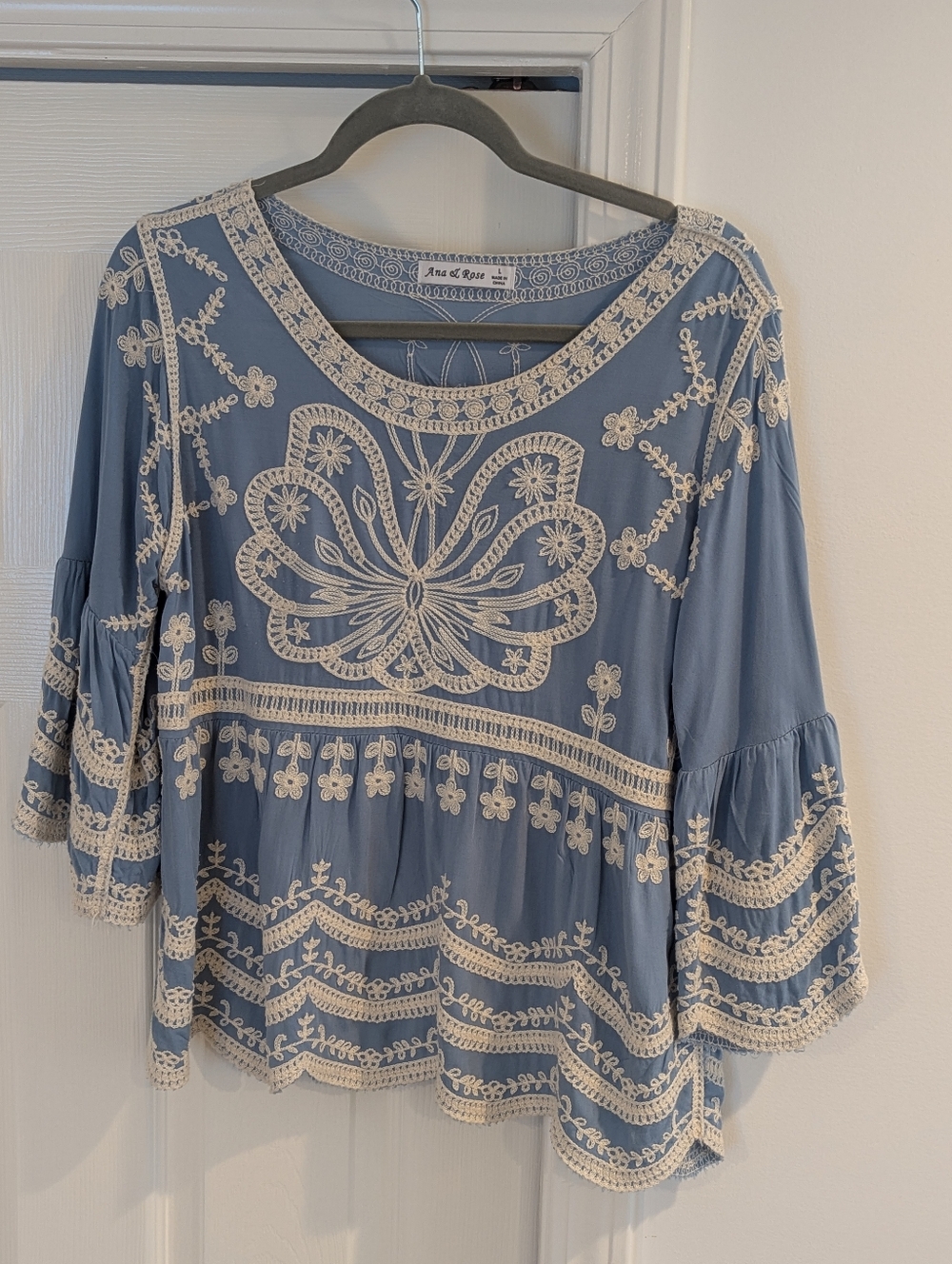 Anthropologie Blue Embroidered Bell-Sleeve Tunic
